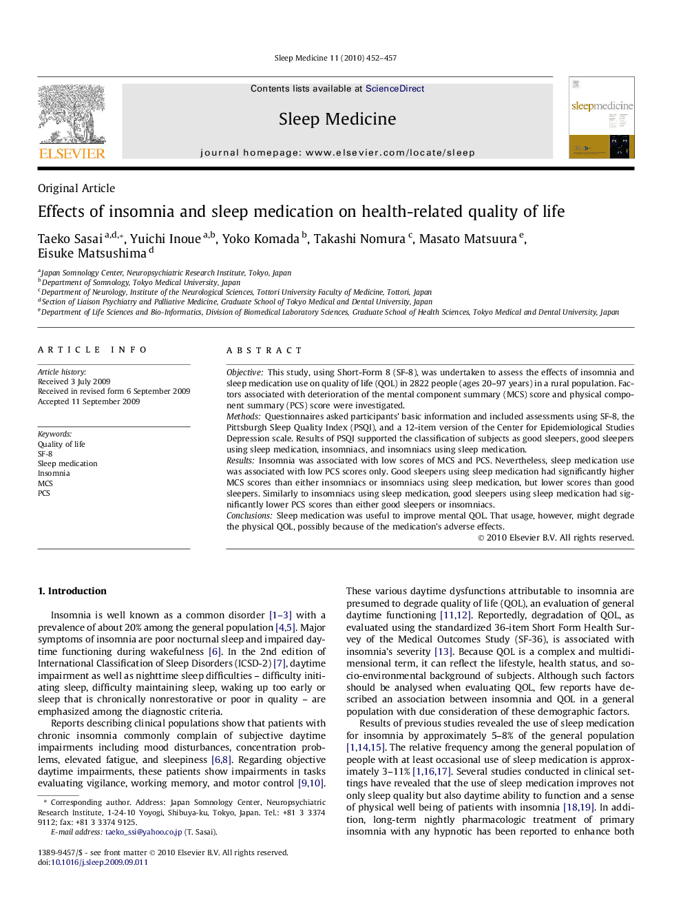 Effects of insomnia and sleep medication on health-related quality of life