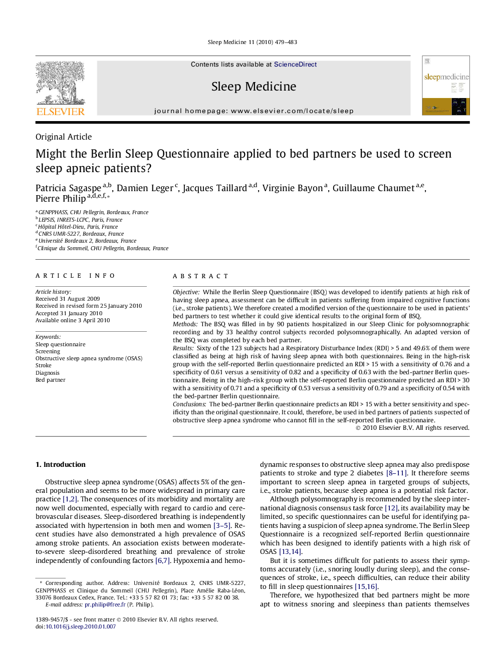 Might the Berlin Sleep Questionnaire applied to bed partners be used to screen sleep apneic patients?