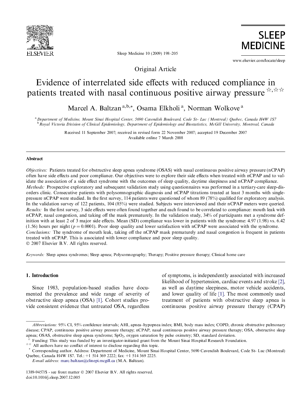 Evidence of interrelated side effects with reduced compliance in patients treated with nasal continuous positive airway pressure