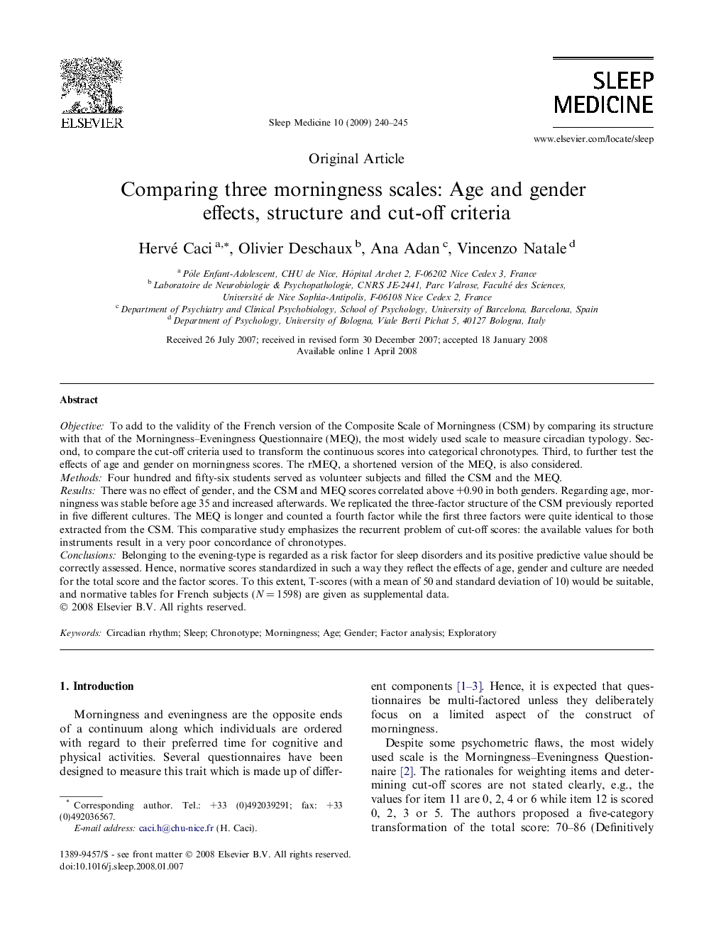 Comparing three morningness scales: Age and gender effects, structure and cut-off criteria