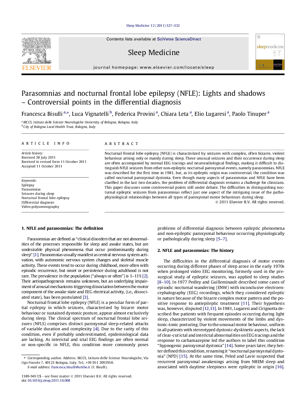 Parasomnias and nocturnal frontal lobe epilepsy (NFLE): Lights and shadows – Controversial points in the differential diagnosis