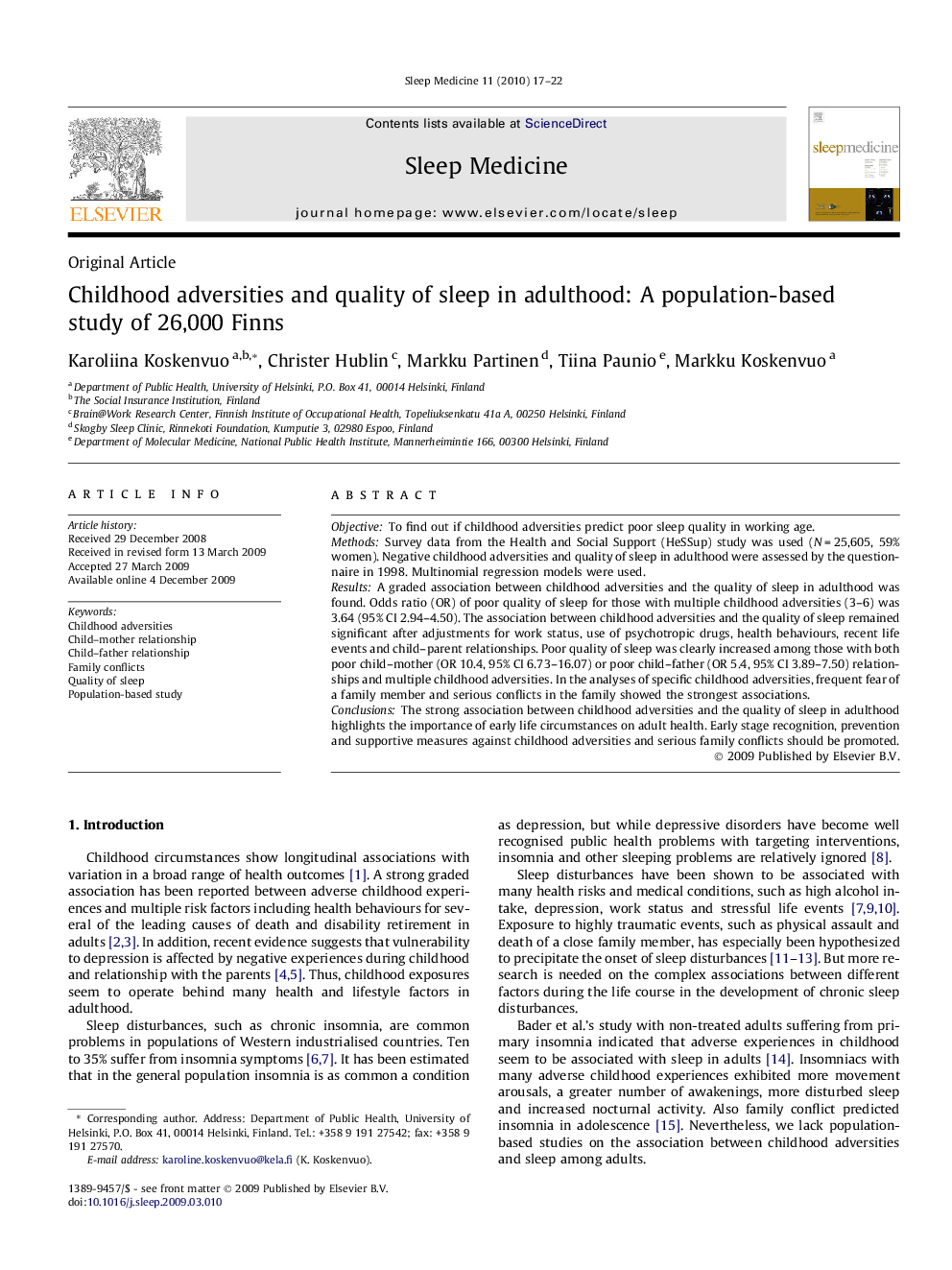 Childhood adversities and quality of sleep in adulthood: A population-based study of 26,000 Finns