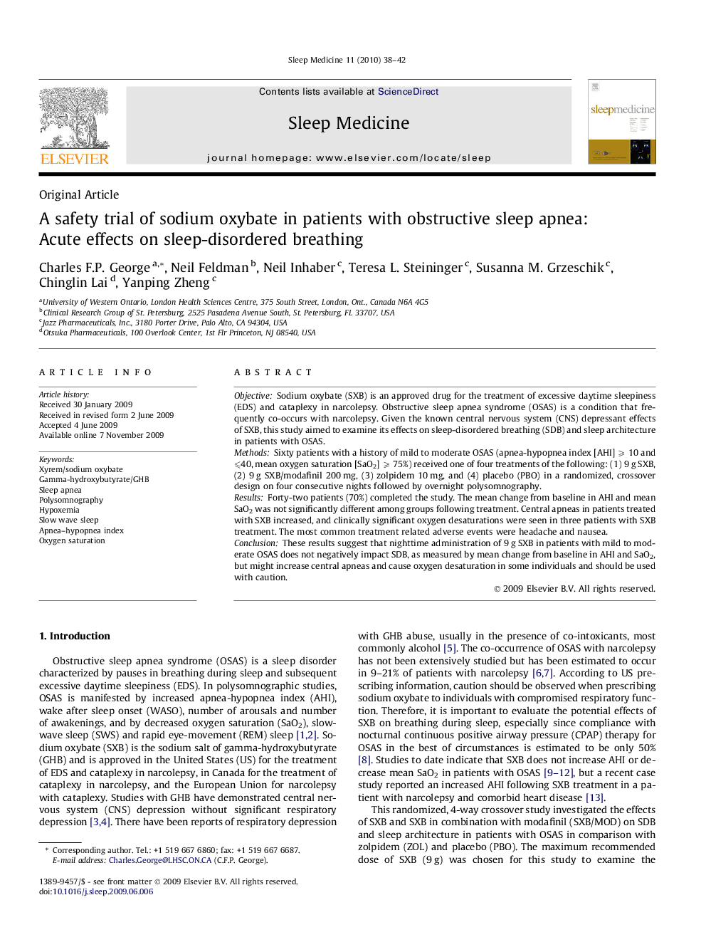 A safety trial of sodium oxybate in patients with obstructive sleep apnea: Acute effects on sleep-disordered breathing