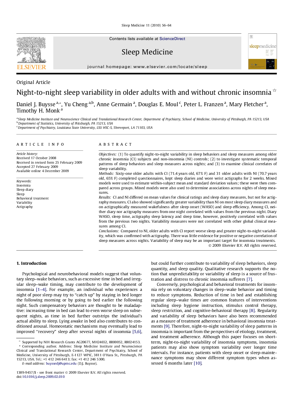 Night-to-night sleep variability in older adults with and without chronic insomnia 