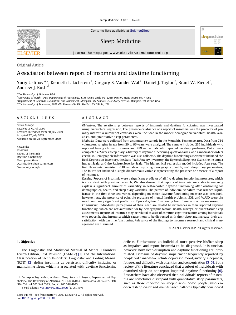 Association between report of insomnia and daytime functioning