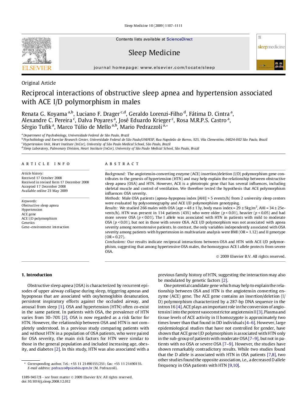 Reciprocal interactions of obstructive sleep apnea and hypertension associated with ACE I/D polymorphism in males