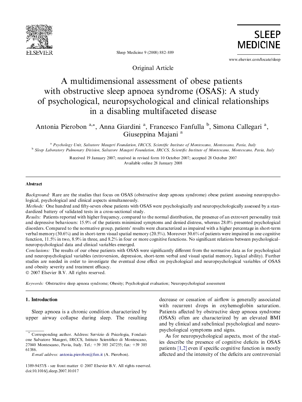 A multidimensional assessment of obese patients with obstructive sleep apnoea syndrome (OSAS): A study of psychological, neuropsychological and clinical relationships in a disabling multifaceted disease