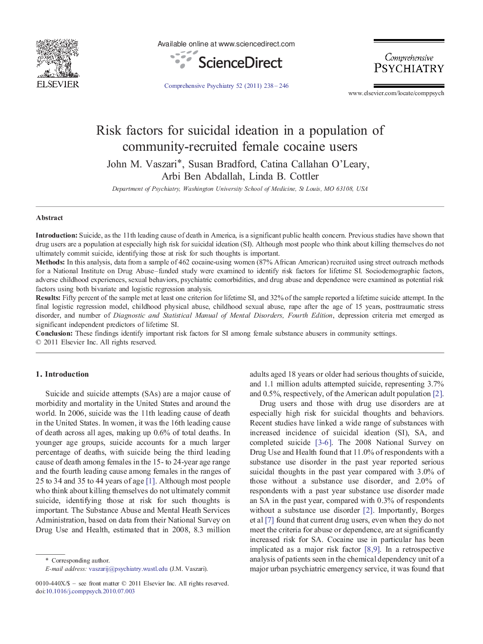Risk factors for suicidal ideation in a population of community-recruited female cocaine users