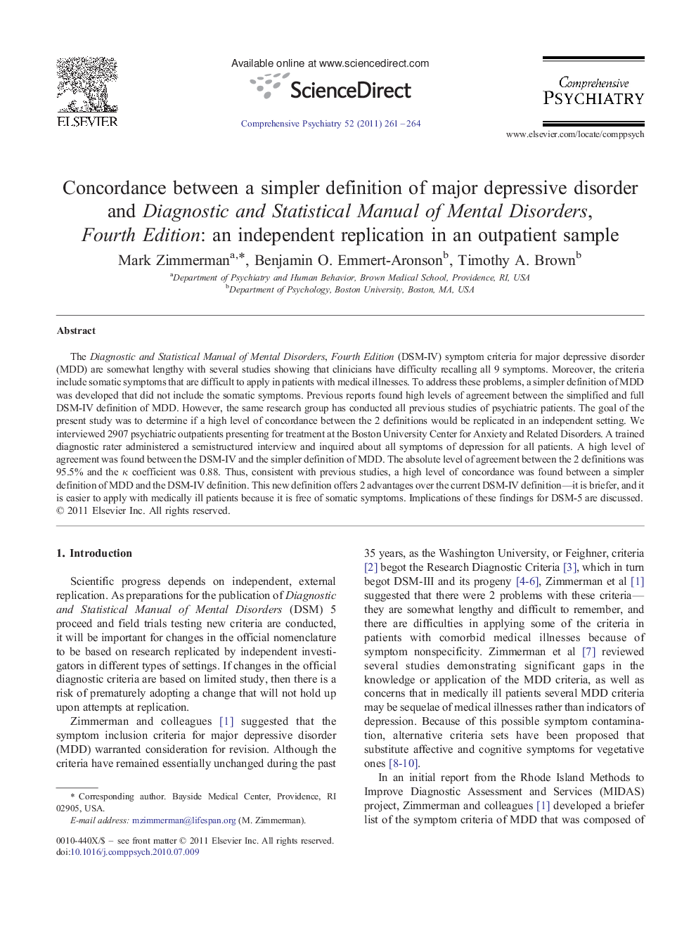 Concordance between a simpler definition of major depressive disorder and Diagnostic and Statistical Manual of Mental Disorders, Fourth Edition: an independent replication in an outpatient sample