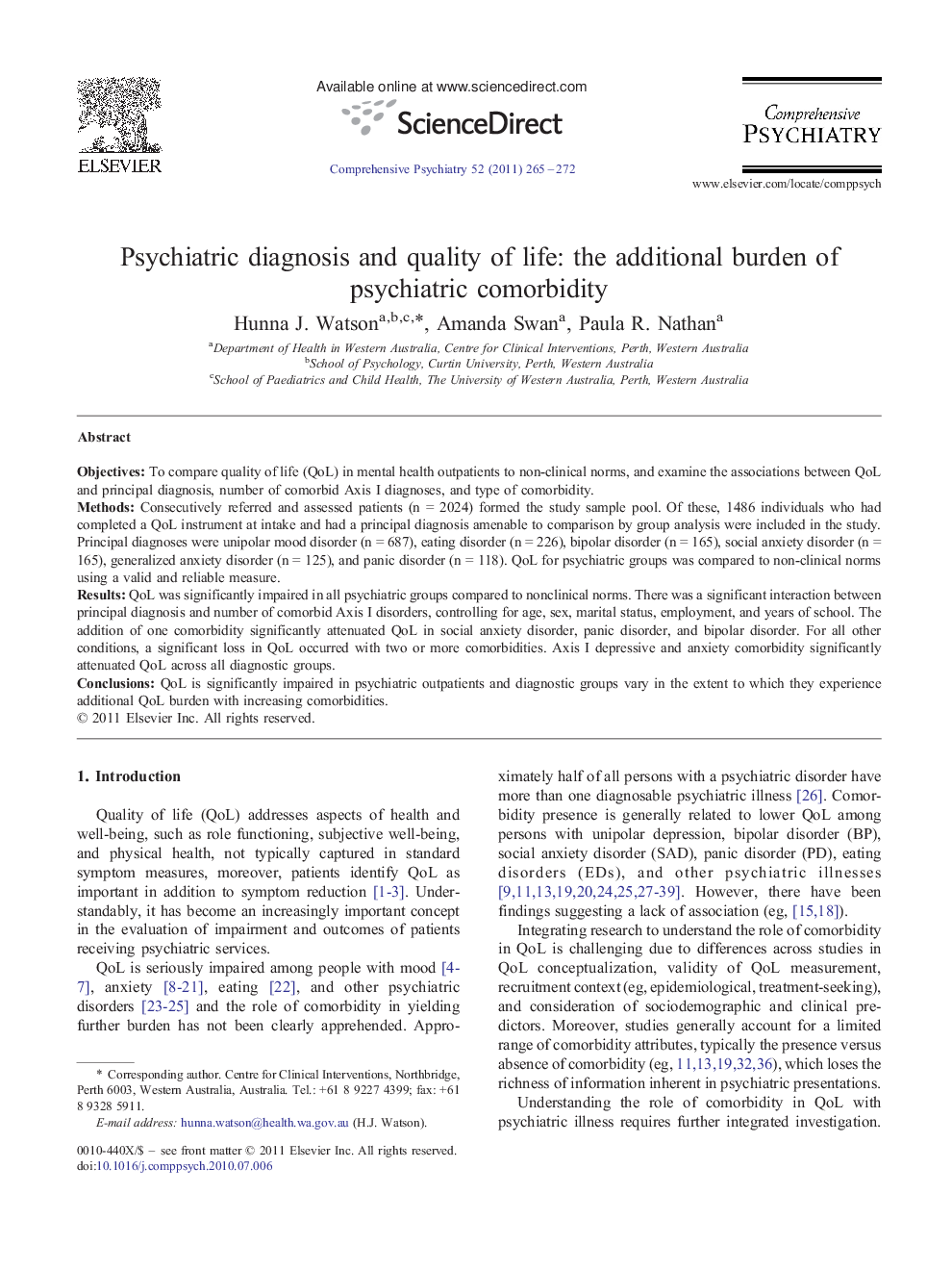 Psychiatric diagnosis and quality of life: the additional burden of psychiatric comorbidity