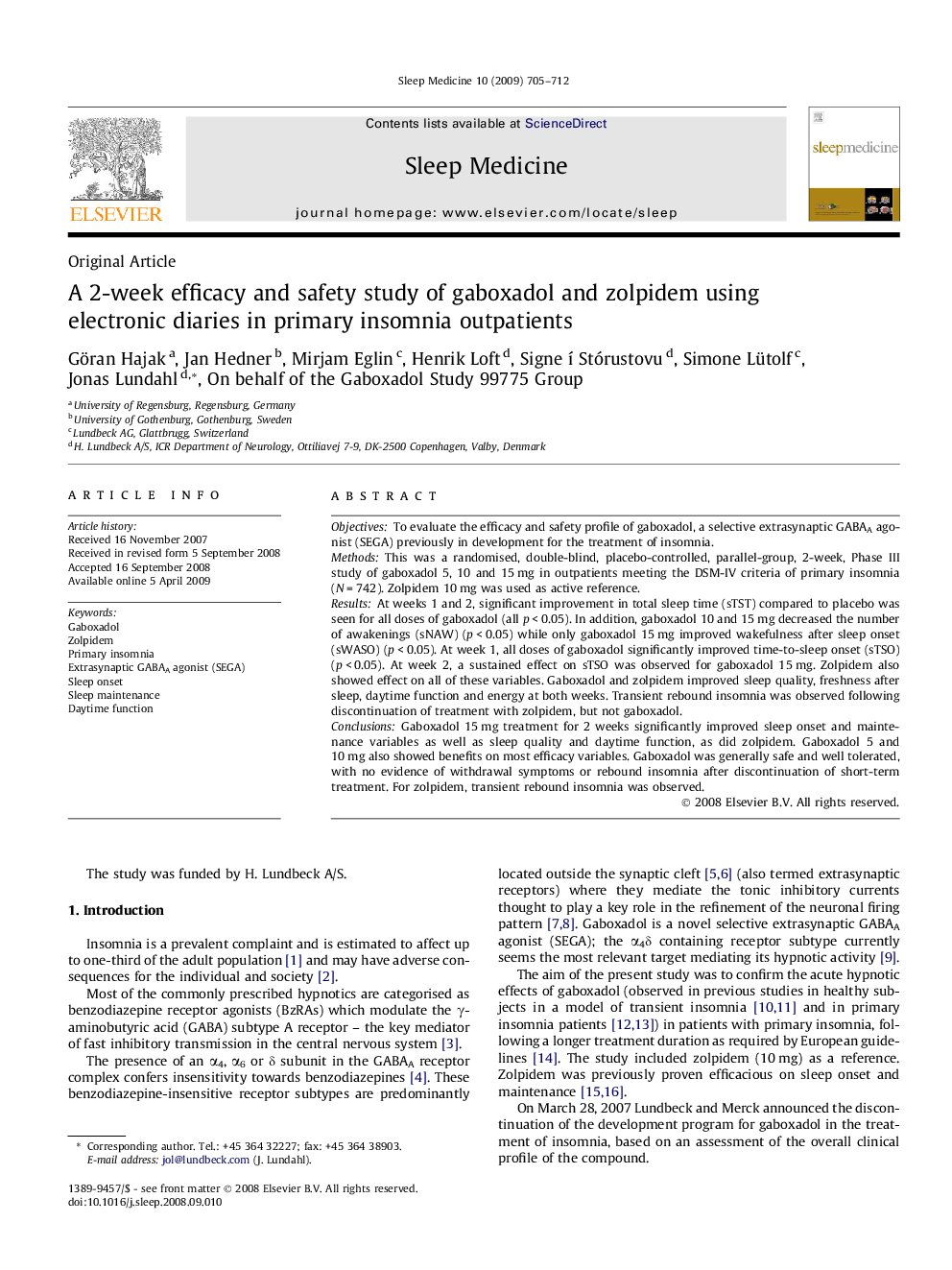 A 2-week efficacy and safety study of gaboxadol and zolpidem using electronic diaries in primary insomnia outpatients