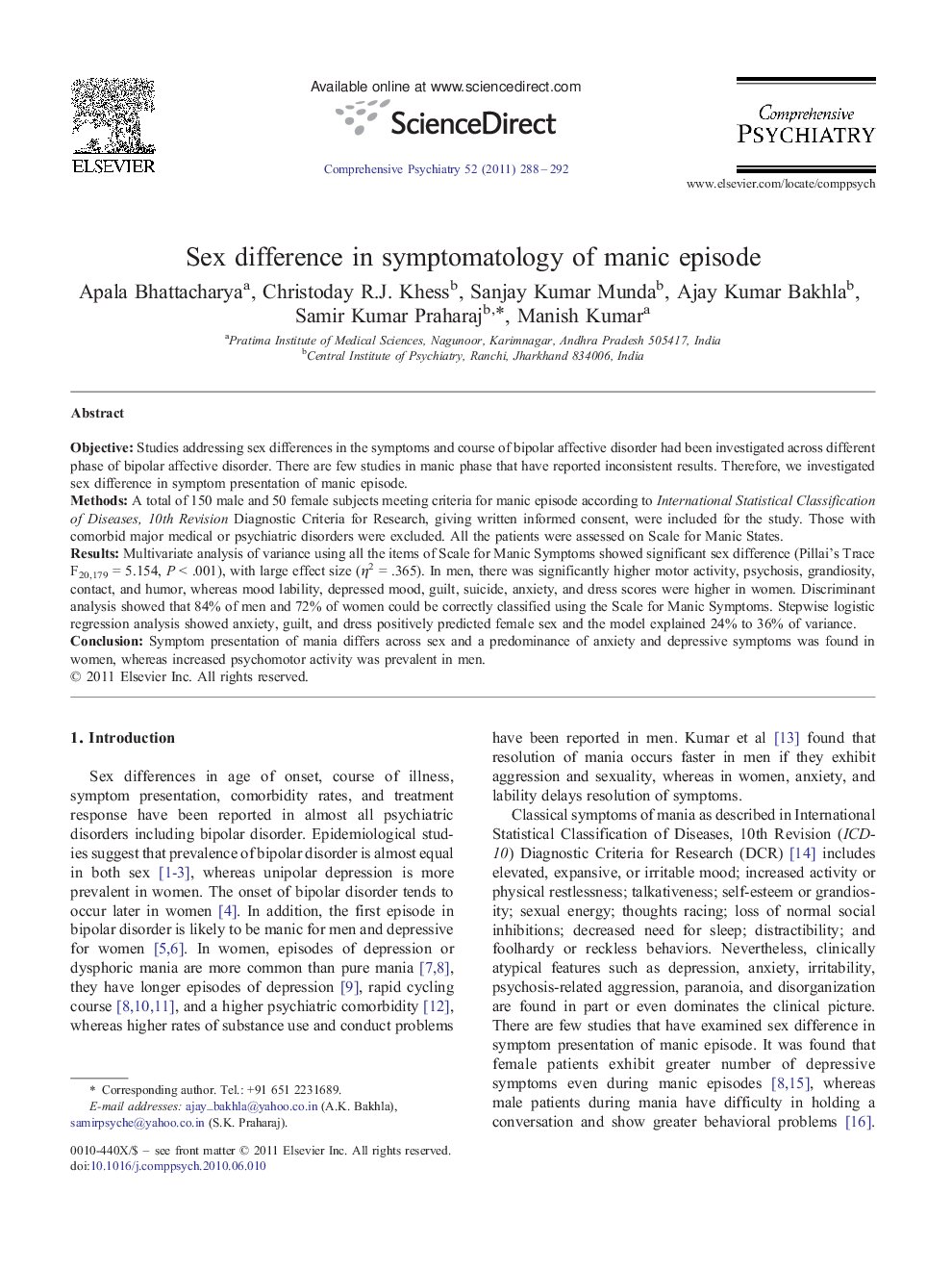 Sex difference in symptomatology of manic episode