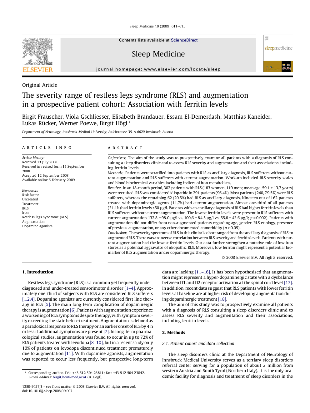 The severity range of restless legs syndrome (RLS) and augmentation in a prospective patient cohort: Association with ferritin levels