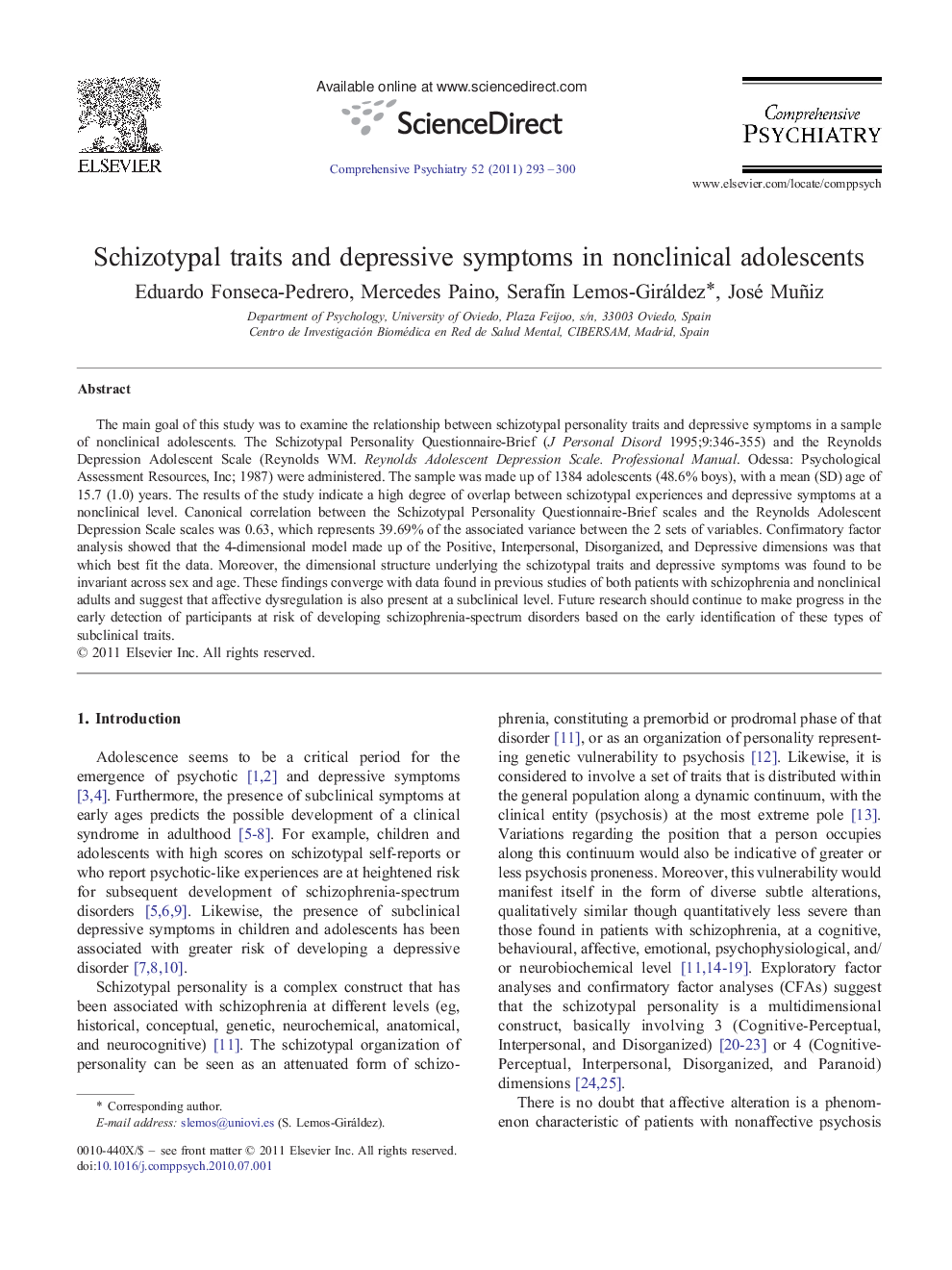 Schizotypal traits and depressive symptoms in nonclinical adolescents