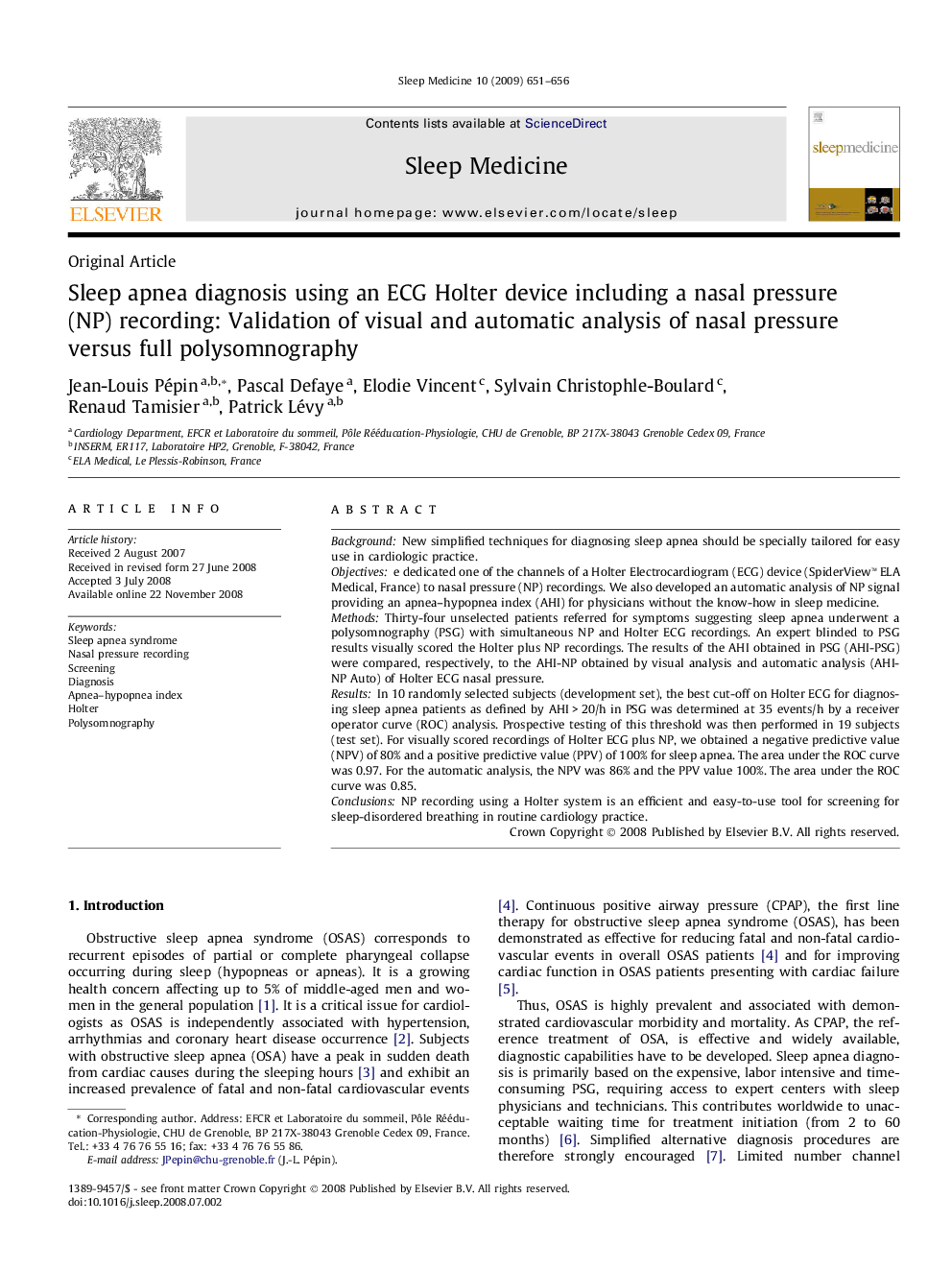 Sleep apnea diagnosis using an ECG Holter device including a nasal pressure (NP) recording: Validation of visual and automatic analysis of nasal pressure versus full polysomnography