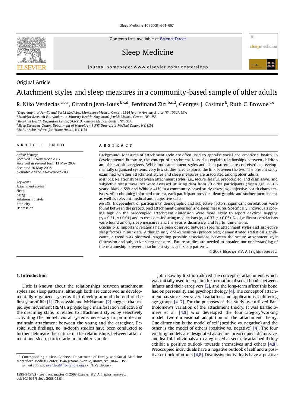 Attachment styles and sleep measures in a community-based sample of older adults