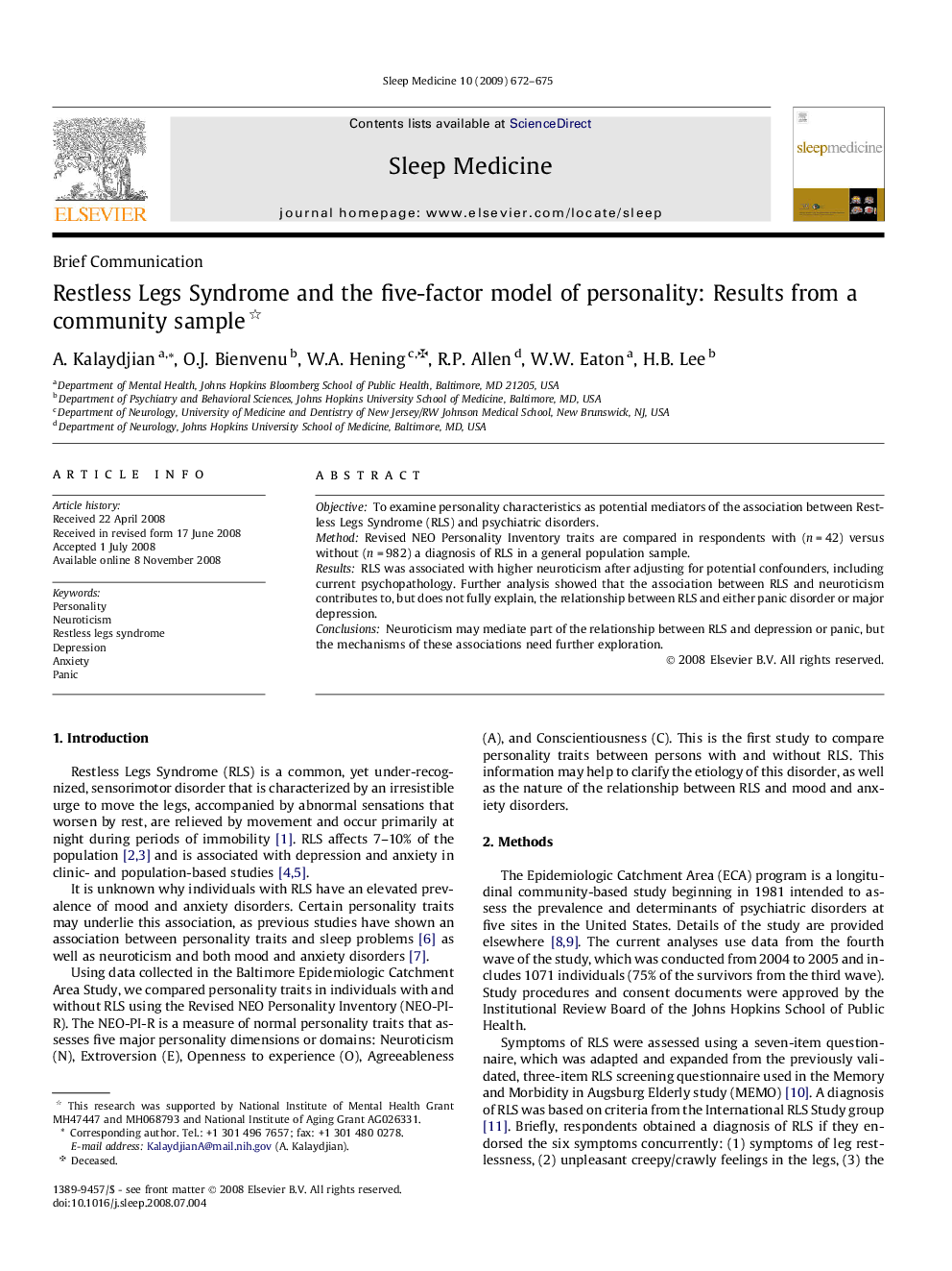 Restless Legs Syndrome and the five-factor model of personality: Results from a community sample 