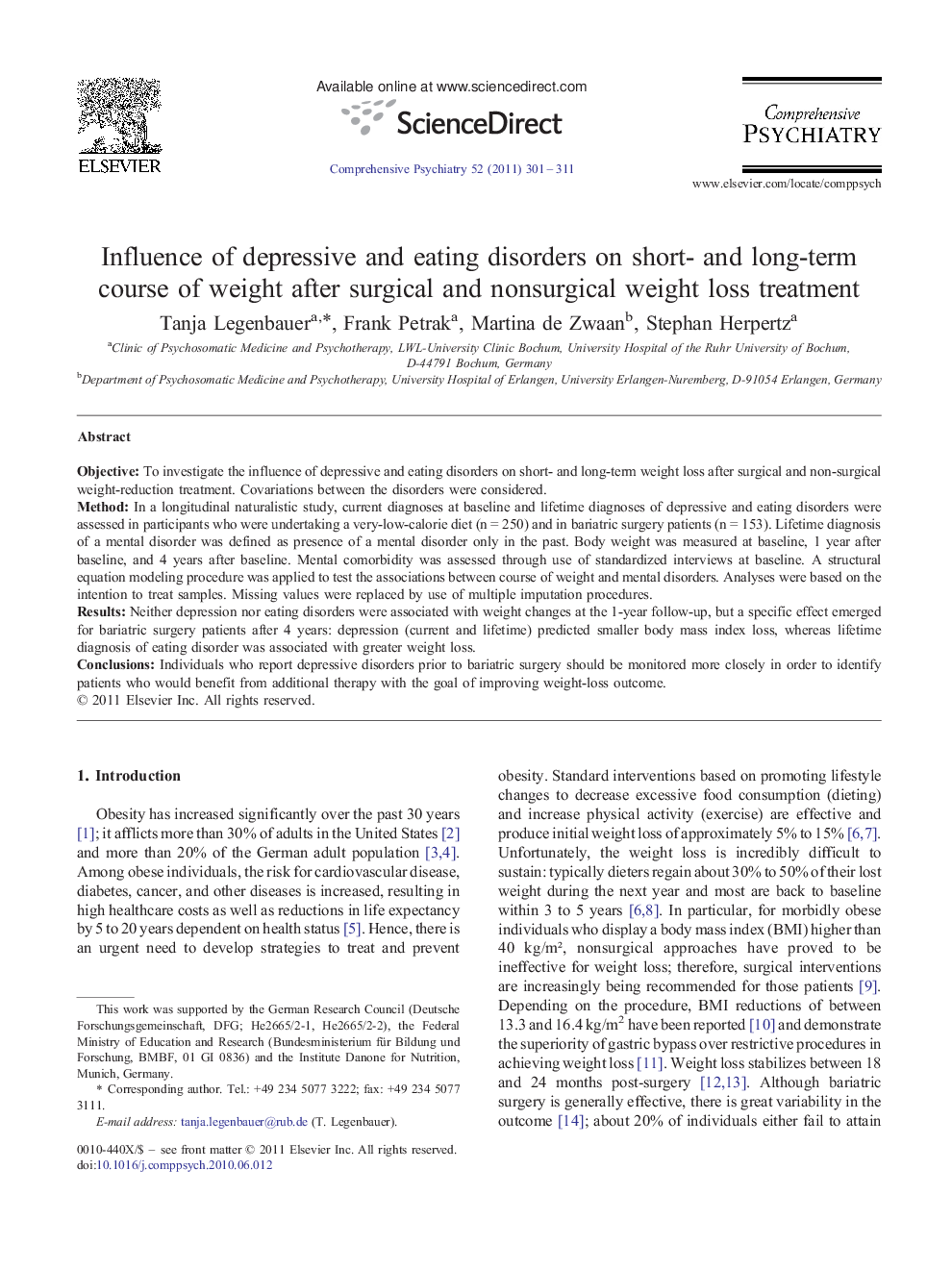 Influence of depressive and eating disorders on short- and long-term course of weight after surgical and nonsurgical weight loss treatment 