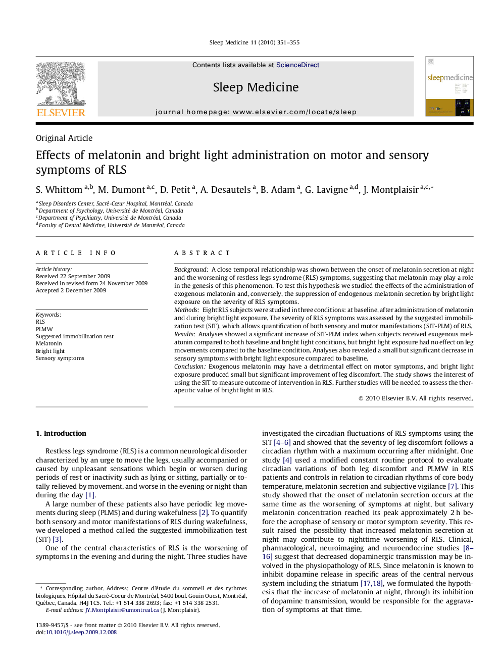 Effects of melatonin and bright light administration on motor and sensory symptoms of RLS