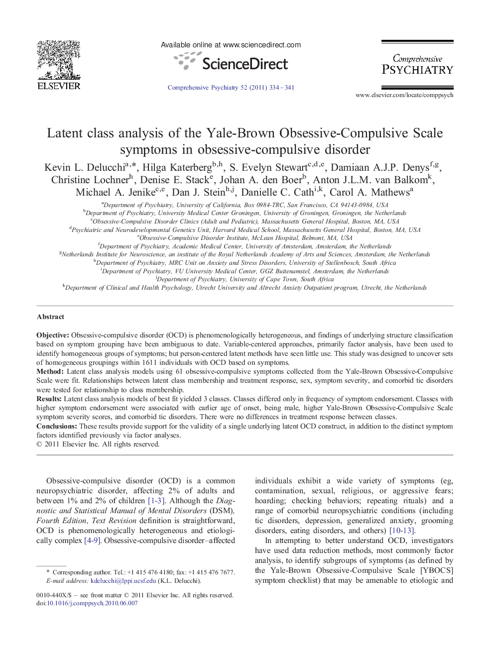 Latent class analysis of the Yale-Brown Obsessive-Compulsive Scale symptoms in obsessive-compulsive disorder