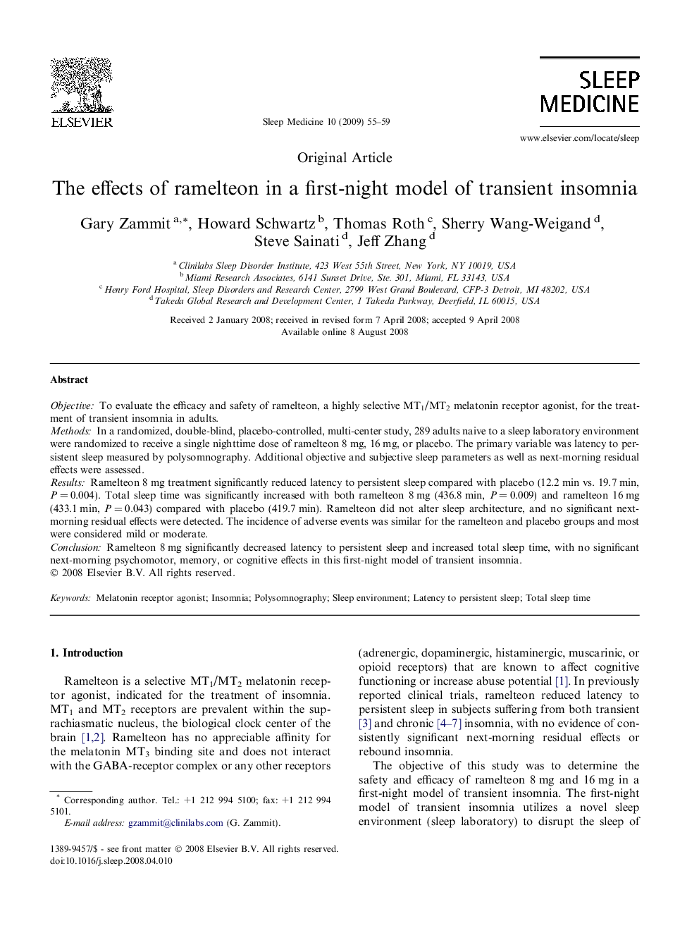 The effects of ramelteon in a first-night model of transient insomnia