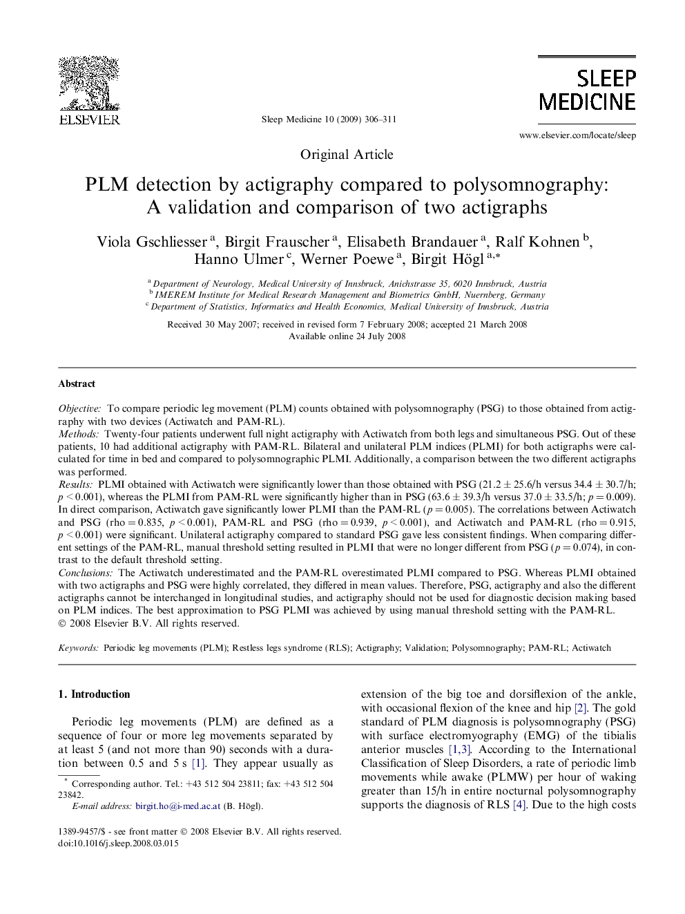 PLM detection by actigraphy compared to polysomnography: A validation and comparison of two actigraphs