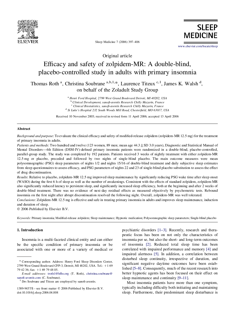 Efficacy and safety of zolpidem-MR: A double-blind, placebo-controlled study in adults with primary insomnia