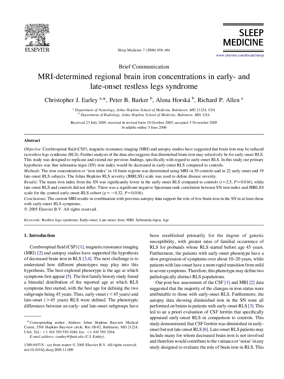 MRI-determined regional brain iron concentrations in early- and late-onset restless legs syndrome