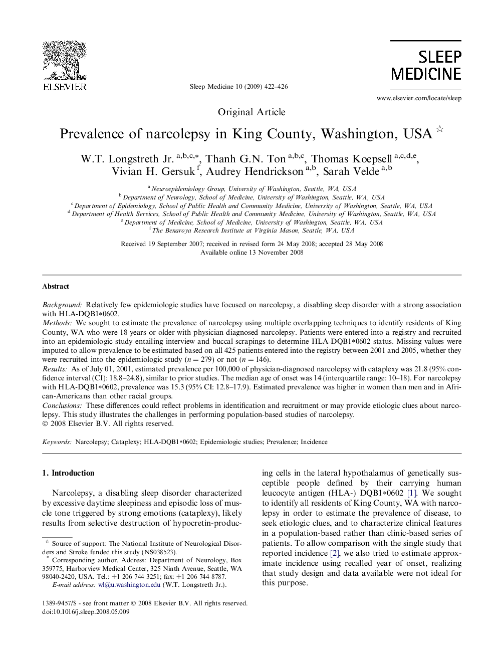 Prevalence of narcolepsy in King County, Washington, USA 