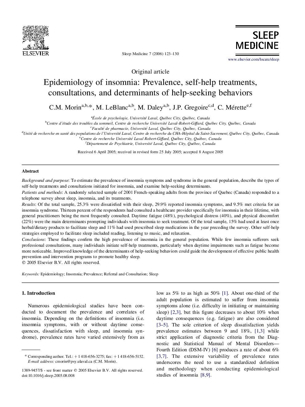 Epidemiology of insomnia: Prevalence, self-help treatments, consultations, and determinants of help-seeking behaviors