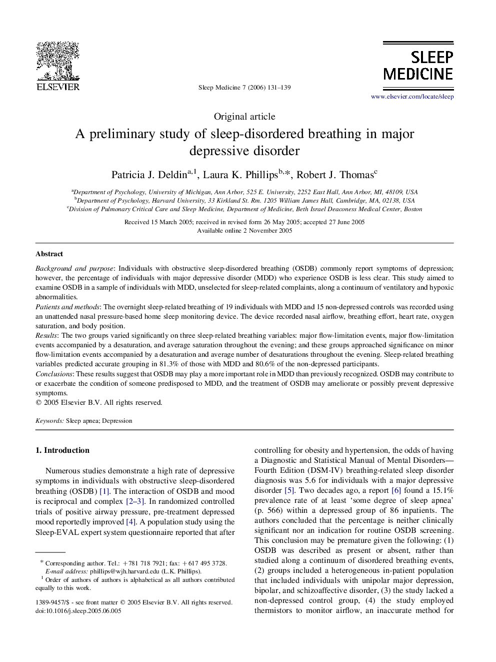 A preliminary study of sleep-disordered breathing in major depressive disorder