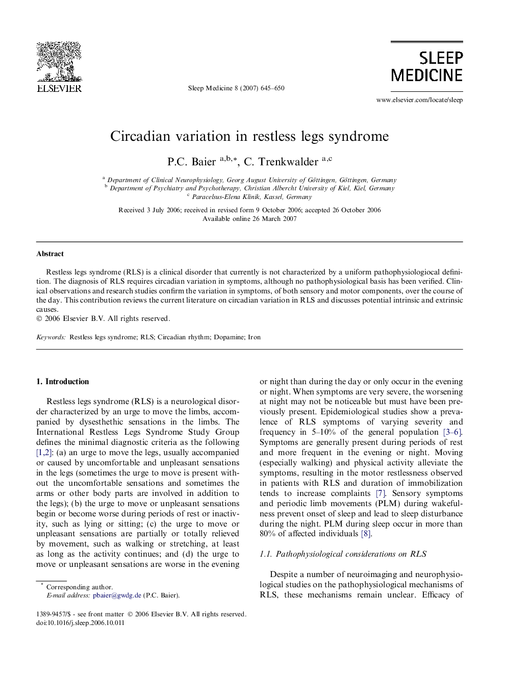 Circadian variation in restless legs syndrome