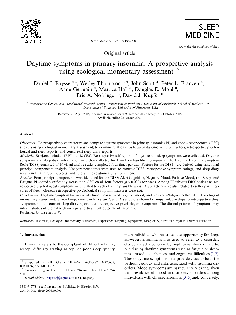 Daytime symptoms in primary insomnia: A prospective analysis using ecological momentary assessment 