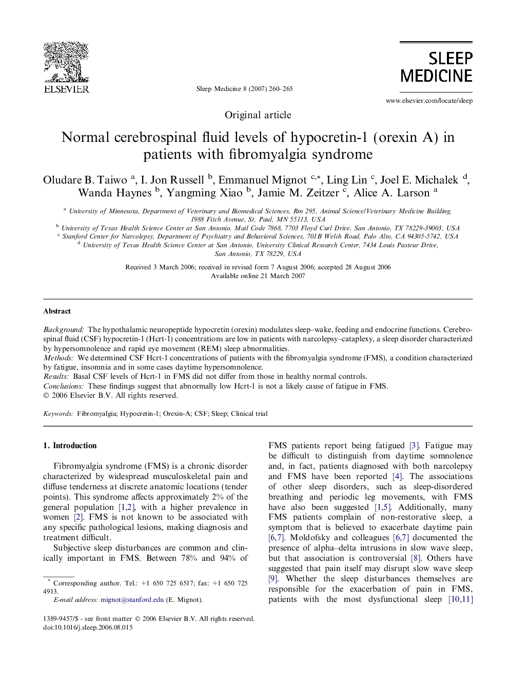 Normal cerebrospinal fluid levels of hypocretin-1 (orexin A) in patients with fibromyalgia syndrome