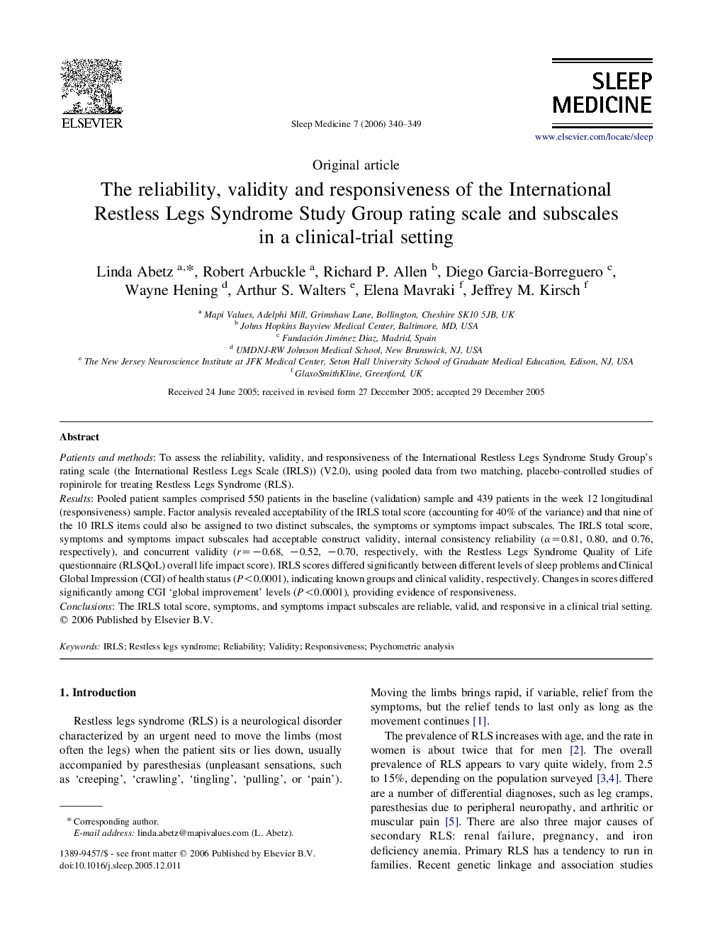 The reliability, validity and responsiveness of the International Restless Legs Syndrome Study Group rating scale and subscales in a clinical-trial setting