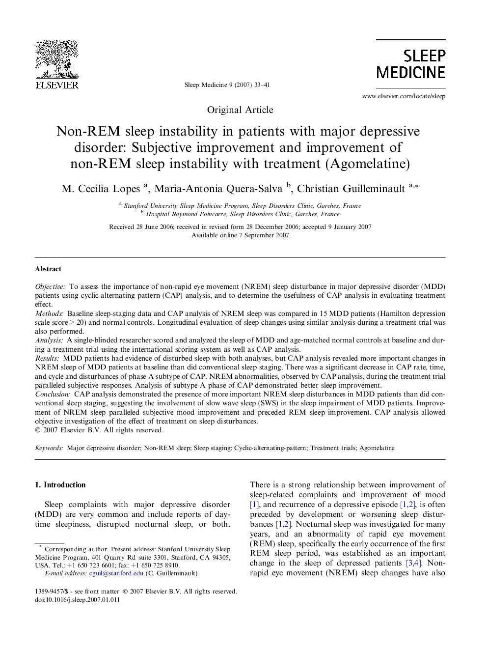 Non-REM sleep instability in patients with major depressive disorder: Subjective improvement and improvement of non-REM sleep instability with treatment (Agomelatine)