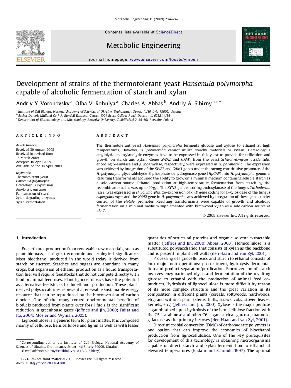 Development of strains of the thermotolerant yeast Hansenula polymorpha capable of alcoholic fermentation of starch and xylan