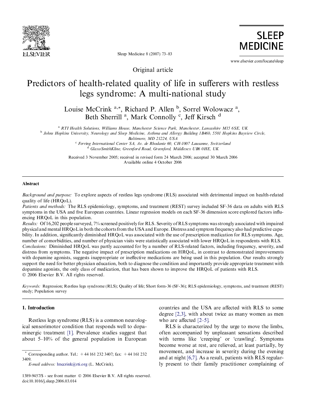 Predictors of health-related quality of life in sufferers with restless legs syndrome: A multi-national study