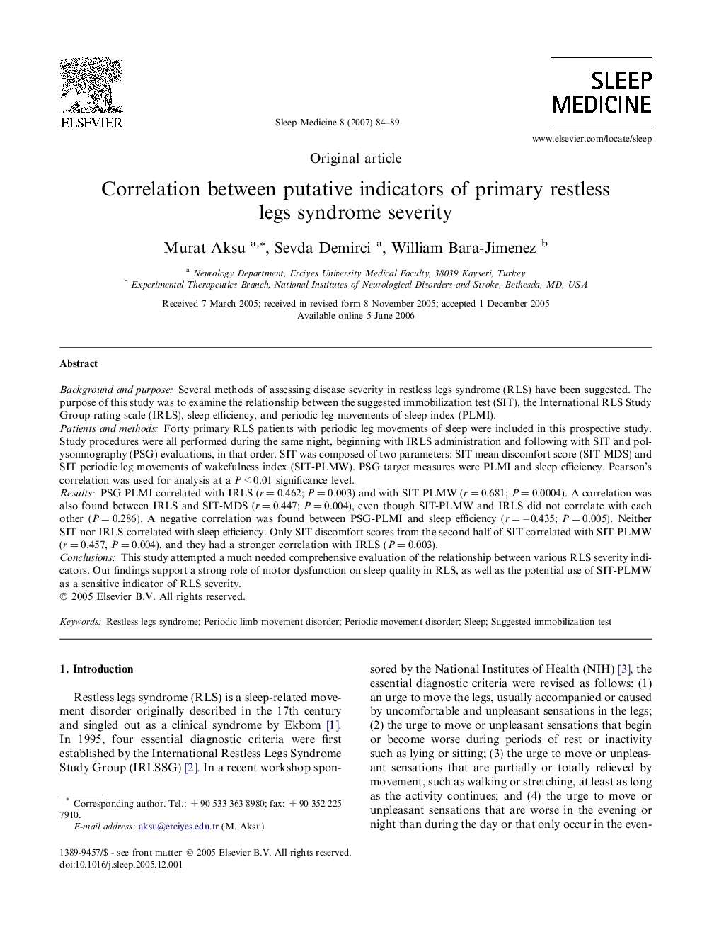 Correlation between putative indicators of primary restless legs syndrome severity