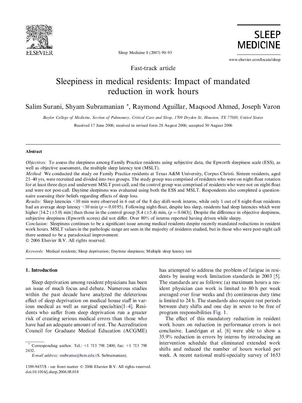 Sleepiness in medical residents: Impact of mandated reduction in work hours