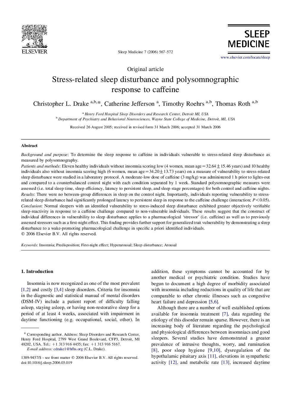 Stress-related sleep disturbance and polysomnographic response to caffeine