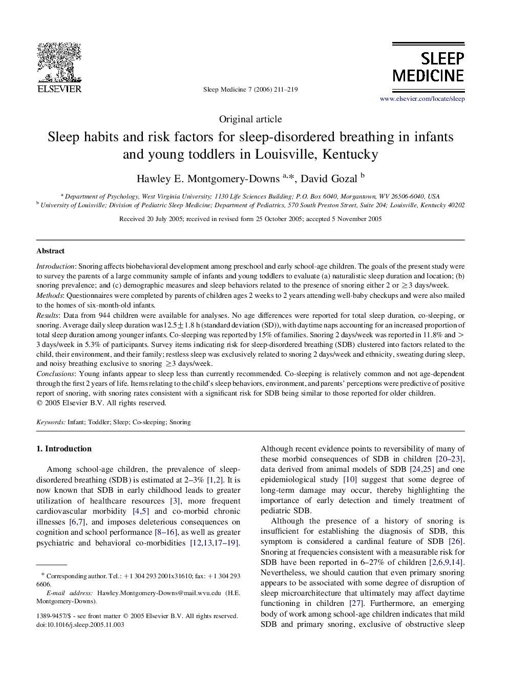 Sleep habits and risk factors for sleep-disordered breathing in infants and young toddlers in Louisville, Kentucky