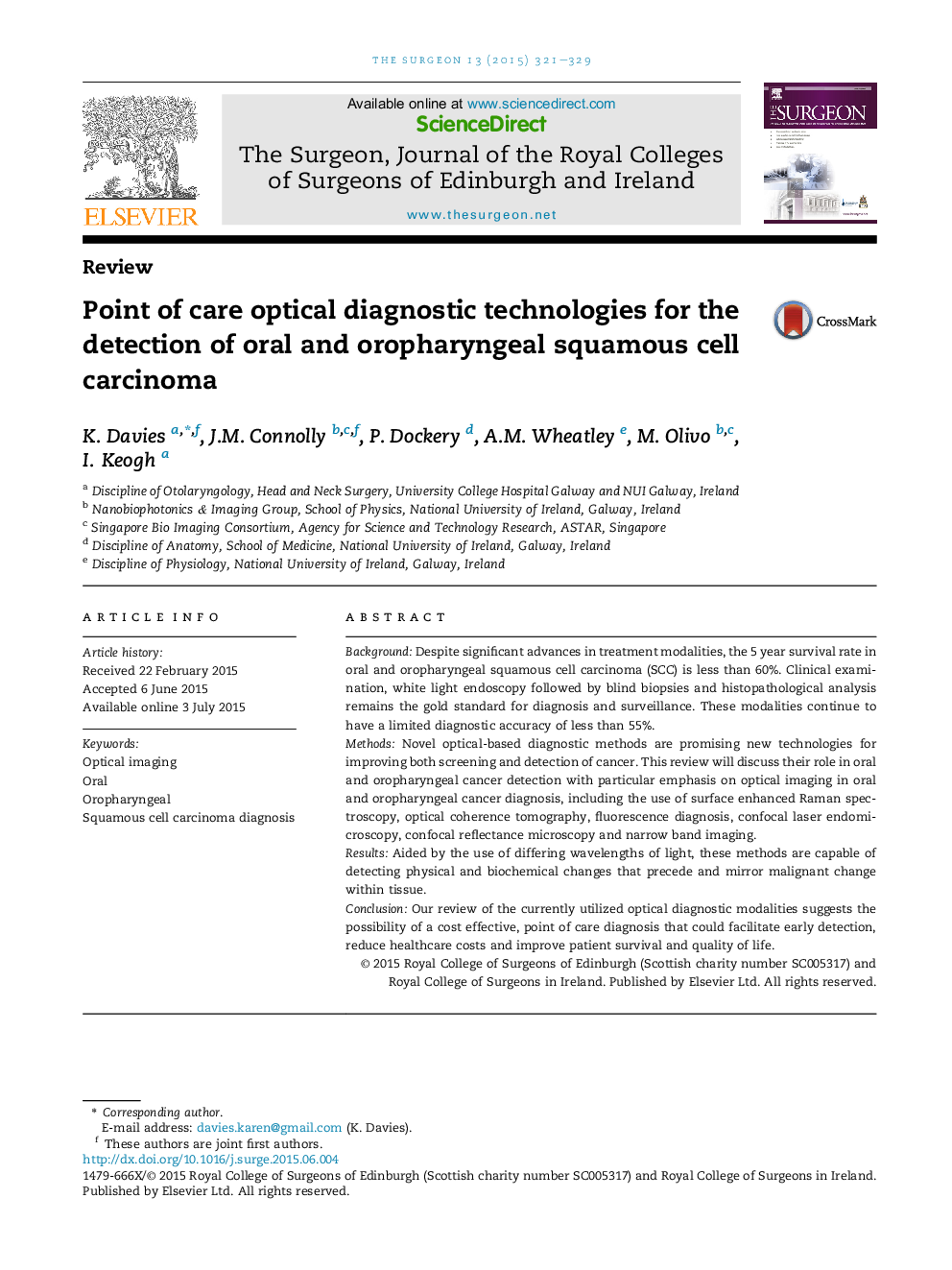 Point of care optical diagnostic technologies for the detection of oral and oropharyngeal squamous cell carcinoma