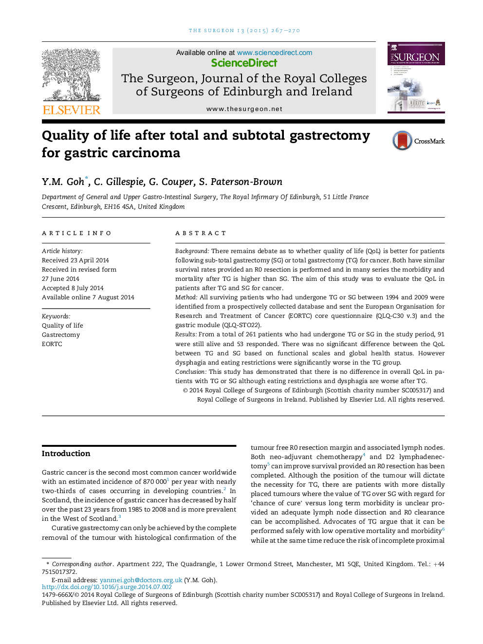 Quality of life after total and subtotal gastrectomy for gastric carcinoma