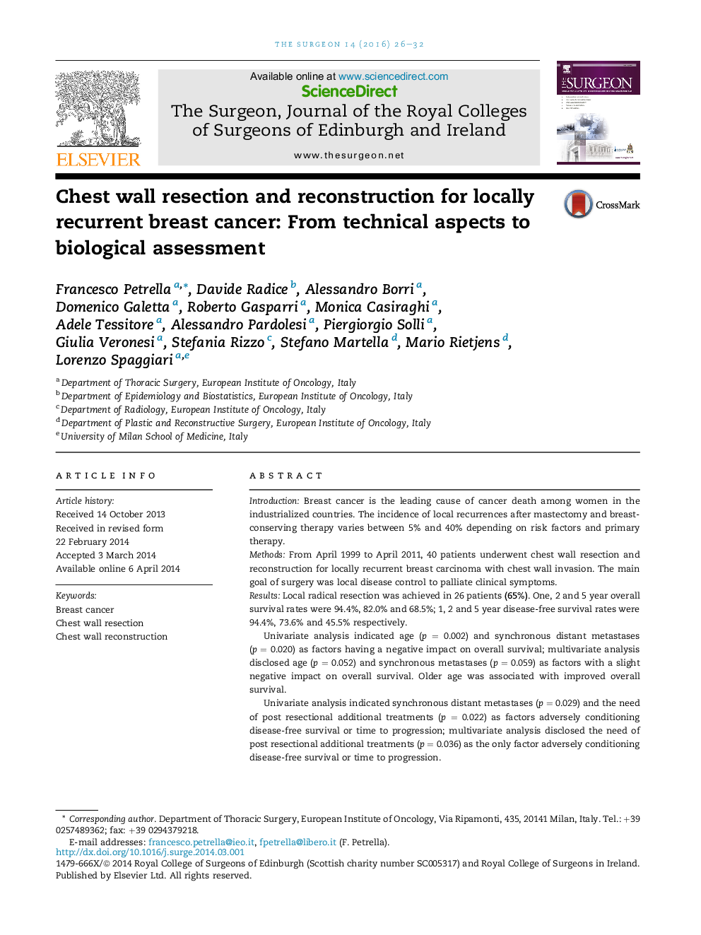 Chest wall resection and reconstruction for locally recurrent breast cancer: From technical aspects to biological assessment