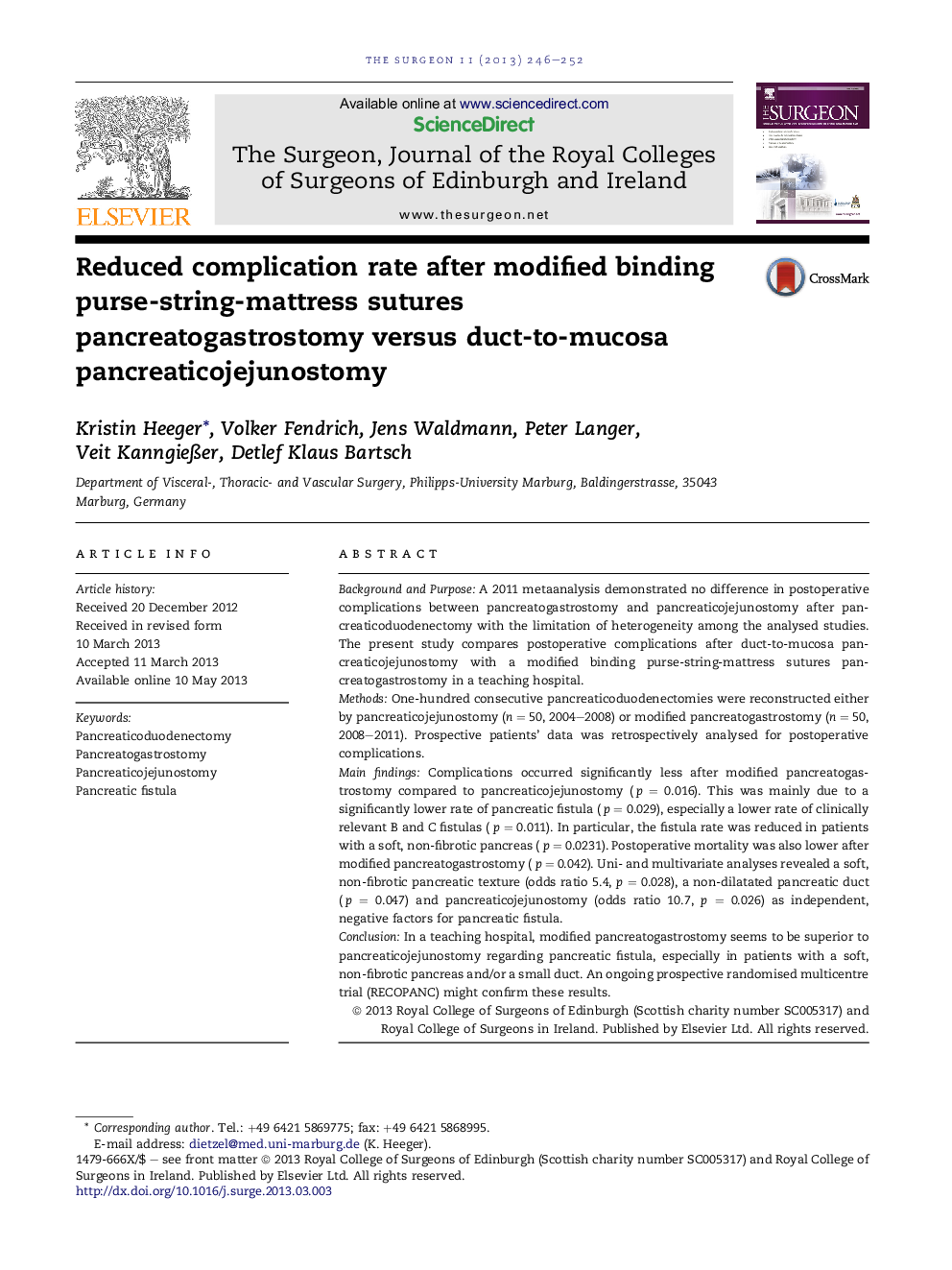 Reduced complication rate after modified binding purse-string-mattress sutures pancreatogastrostomy versus duct-to-mucosa pancreaticojejunostomy