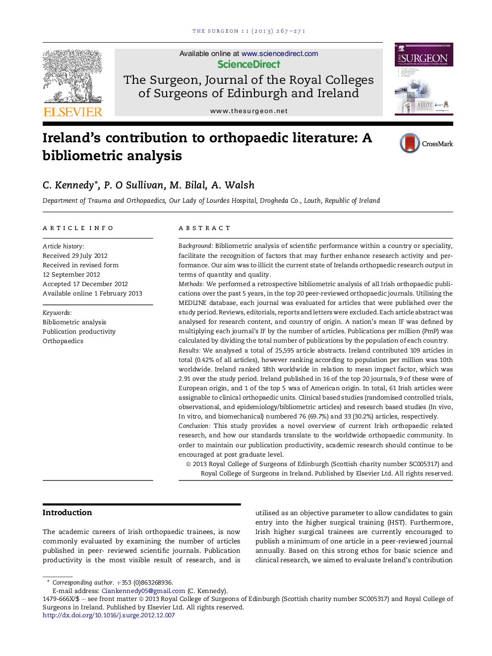 Ireland's contribution to orthopaedic literature: A bibliometric analysis