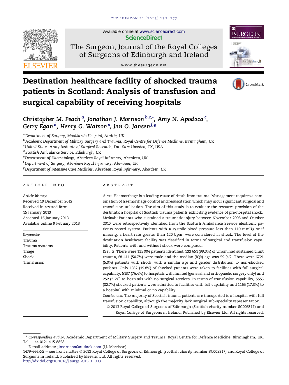 Destination healthcare facility of shocked trauma patients in Scotland: Analysis of transfusion and surgical capability of receiving hospitals