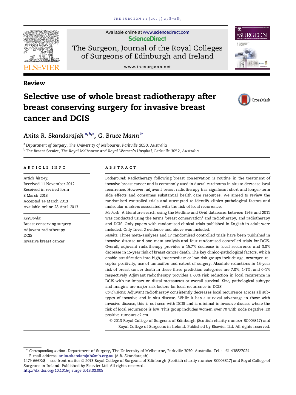 Selective use of whole breast radiotherapy after breast conserving surgery for invasive breast cancer and DCIS