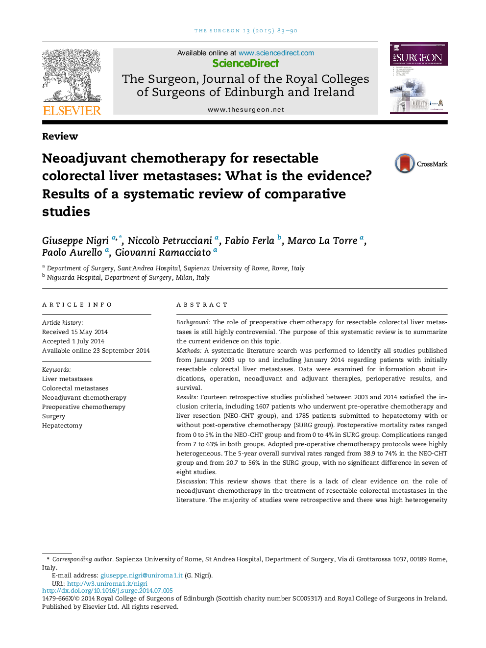 Neoadjuvant chemotherapy for resectable colorectal liver metastases: What is the evidence? Results of a systematic review of comparative studies